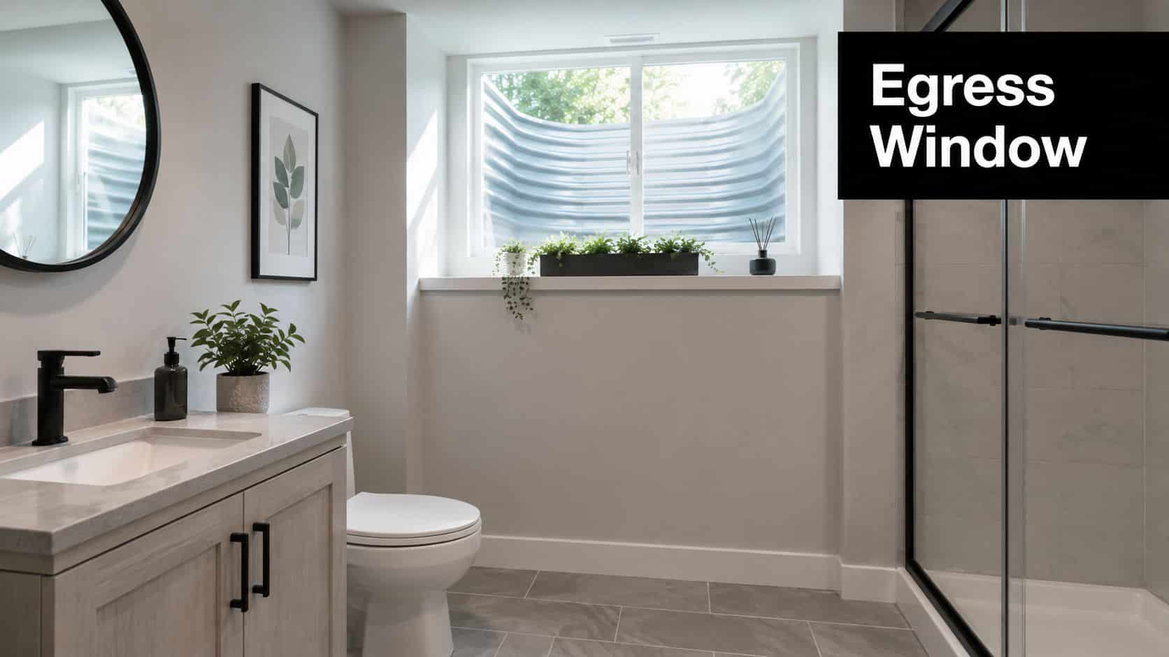 A modern basement bathroom featuring a vanity, toilet, glass shower, and a large egress window with plants.