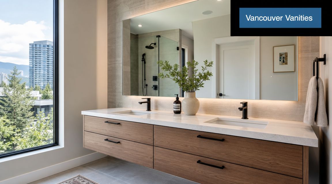 A modern floating wood bathroom vanity with double sinks, quartz countertop, and black hardware in a bright room.