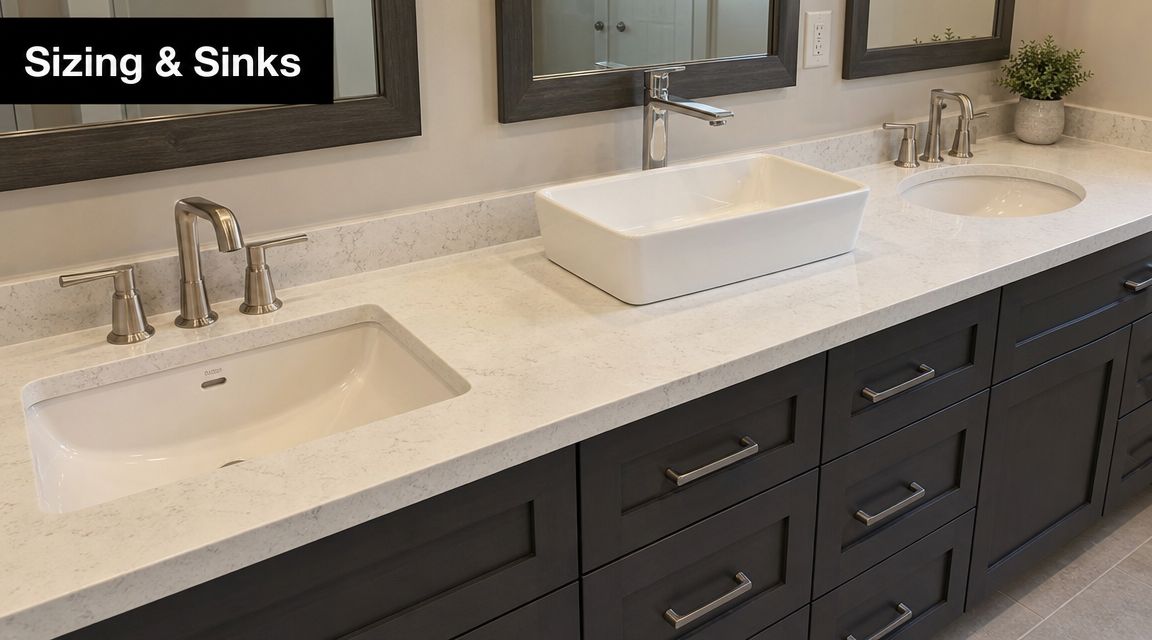 A modern bathroom vanity with dual marble countertops, dark cabinetry, and various white sink styles.
