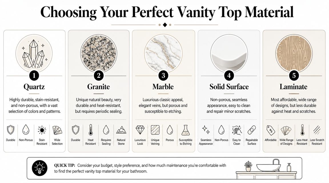 An infographic comparing five bathroom vanity top materials including Quartz, Granite, Marble, Solid Surface, and Laminate options.