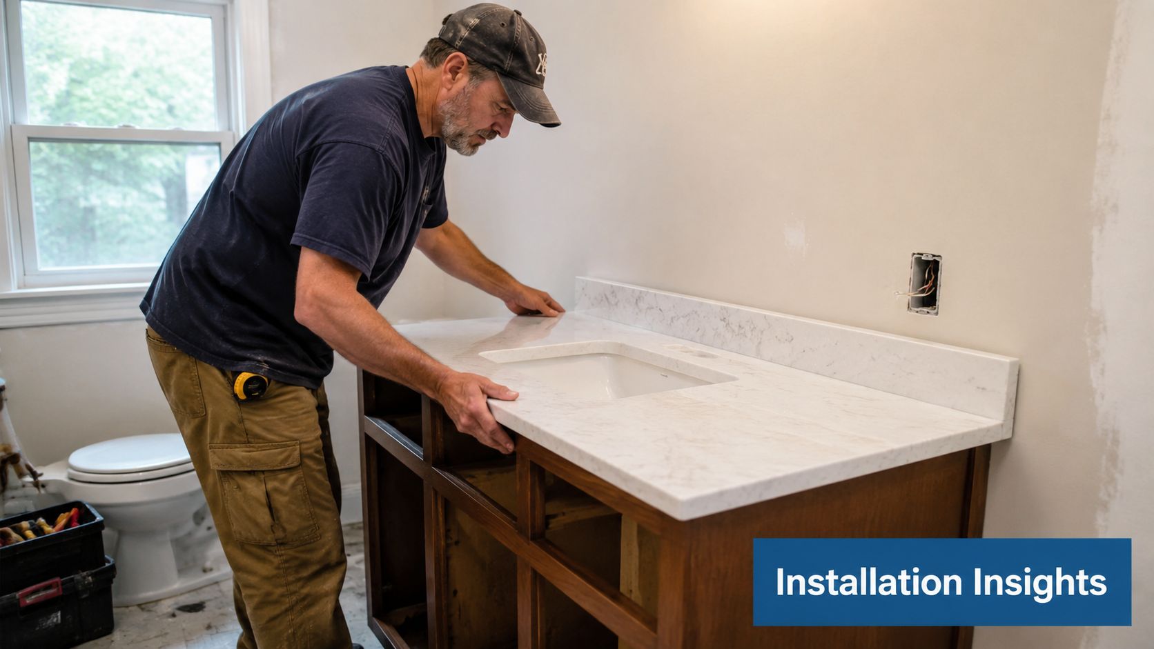 A professional contractor carefully installing a marble bathroom vanity top onto a wooden cabinet base.