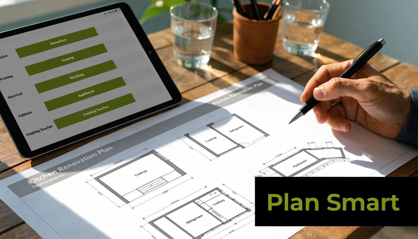 A person sketching a kitchen renovation floor plan while consulting a digital project schedule on a tablet.
