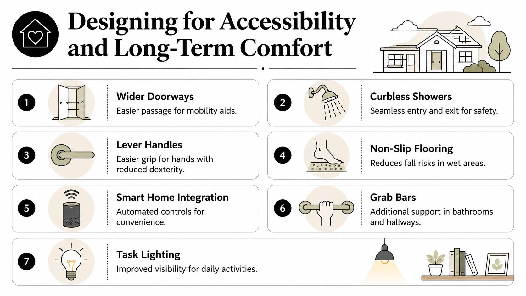 An infographic titled Designing for Accessibility and Long-Term Comfort listing seven essential home modification tips.
