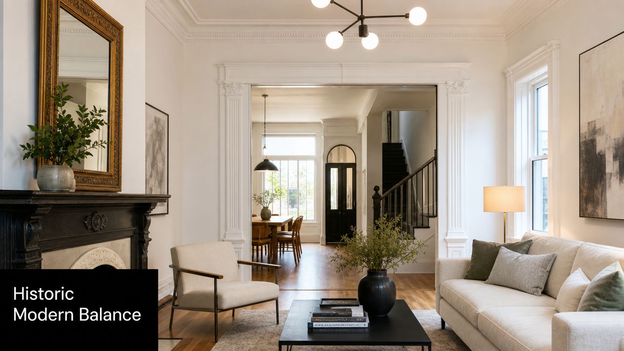 An elegant living room interior featuring historic architectural details balanced with modern furniture and neutral decor.