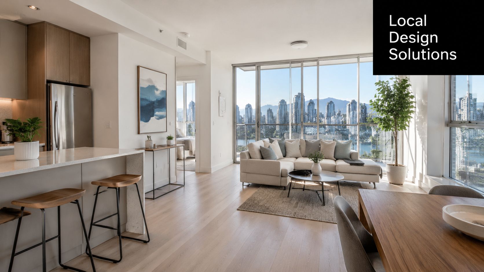 A modern, open-concept apartment living room with large windows overlooking a city skyline and water.