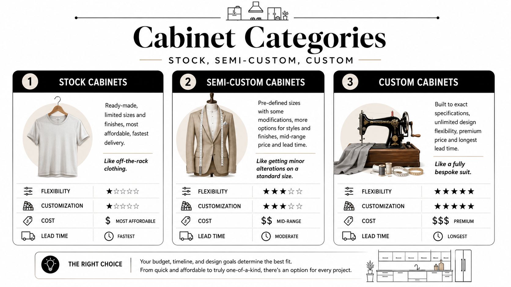 An infographic comparing stock, semi-custom, and custom kitchen cabinets based on flexibility, cost, and lead time.