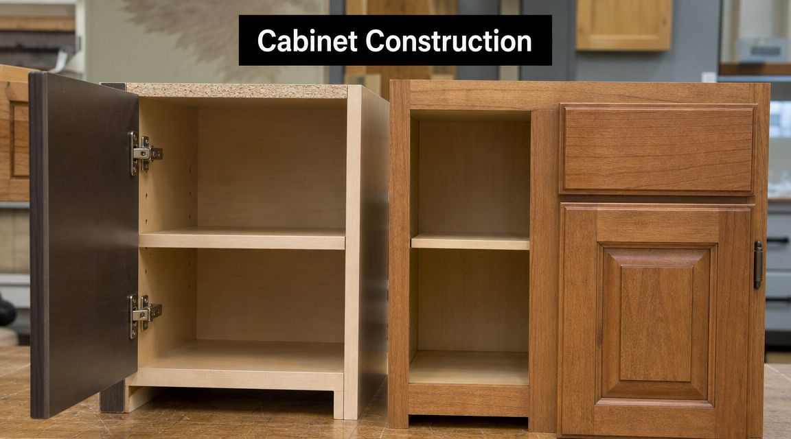 Two side by side kitchen cabinet displays showing different interior and exterior construction styles.