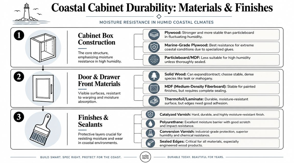 An infographic detailing durable materials and finishes for kitchen cabinets in humid coastal environments.