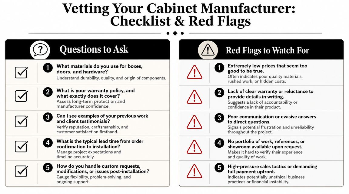 A checklist and red flags infographic for vetting cabinet manufacturers before starting a home project.