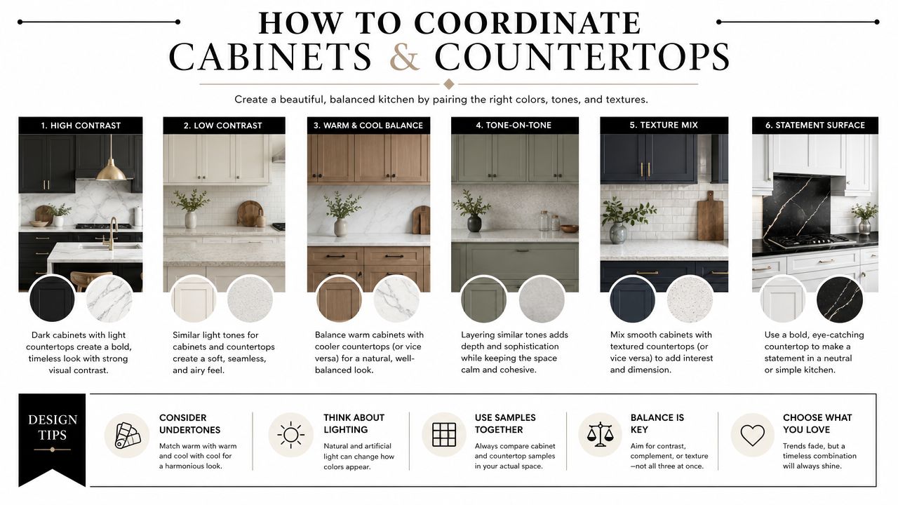 An infographic showing six different design combinations for coordinating kitchen cabinets and countertops with helpful tips.