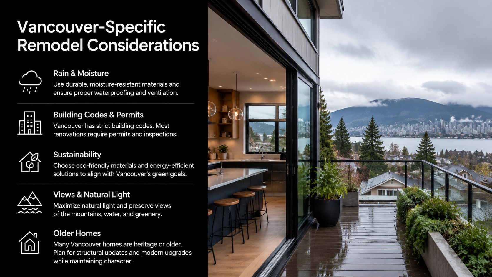 A modern kitchen interior opening onto a balcony with a panoramic view of the Vancouver city skyline.