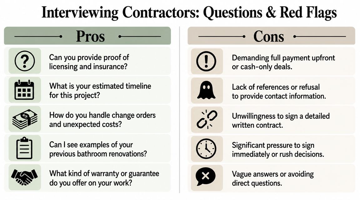 A chart outlining important interview questions to ask contractors and common red flags to avoid hiring.