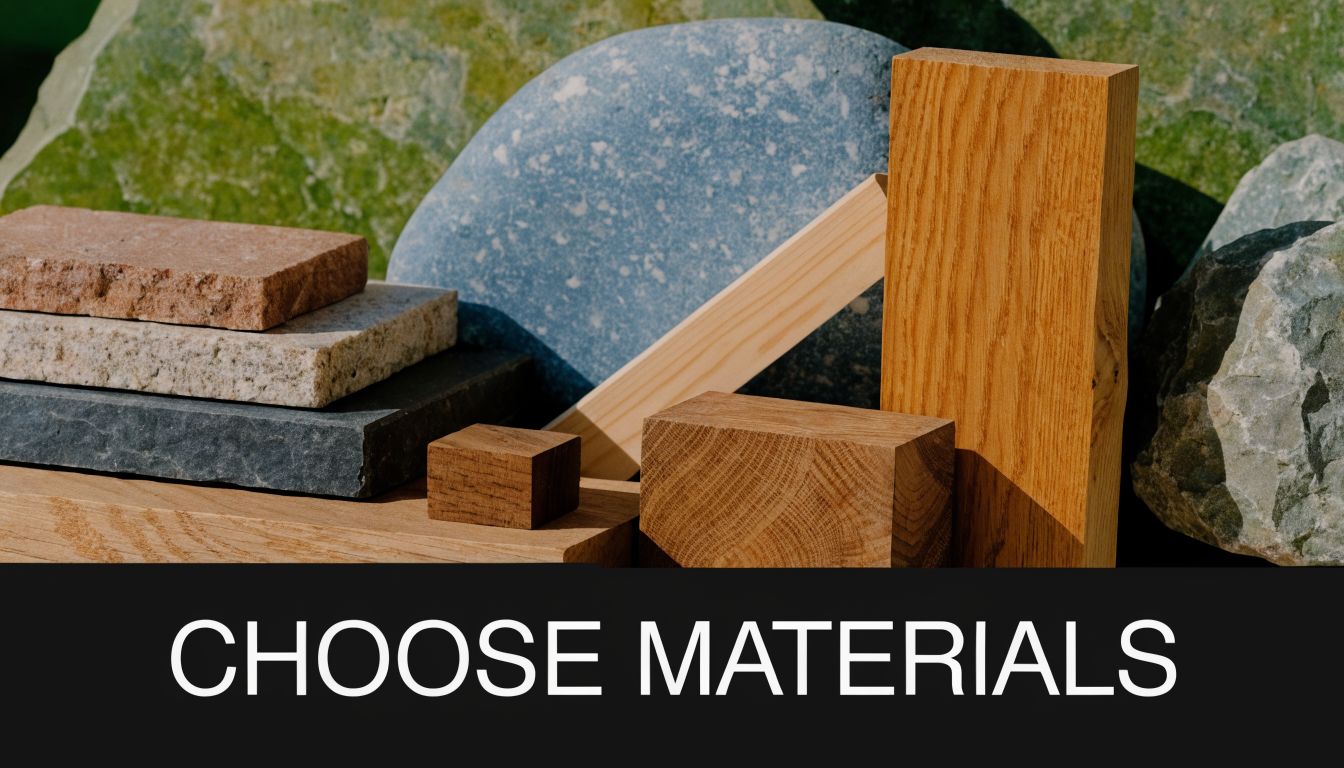 A collection of textured natural materials including stone, rock, and wood blocks arranged on a surface.