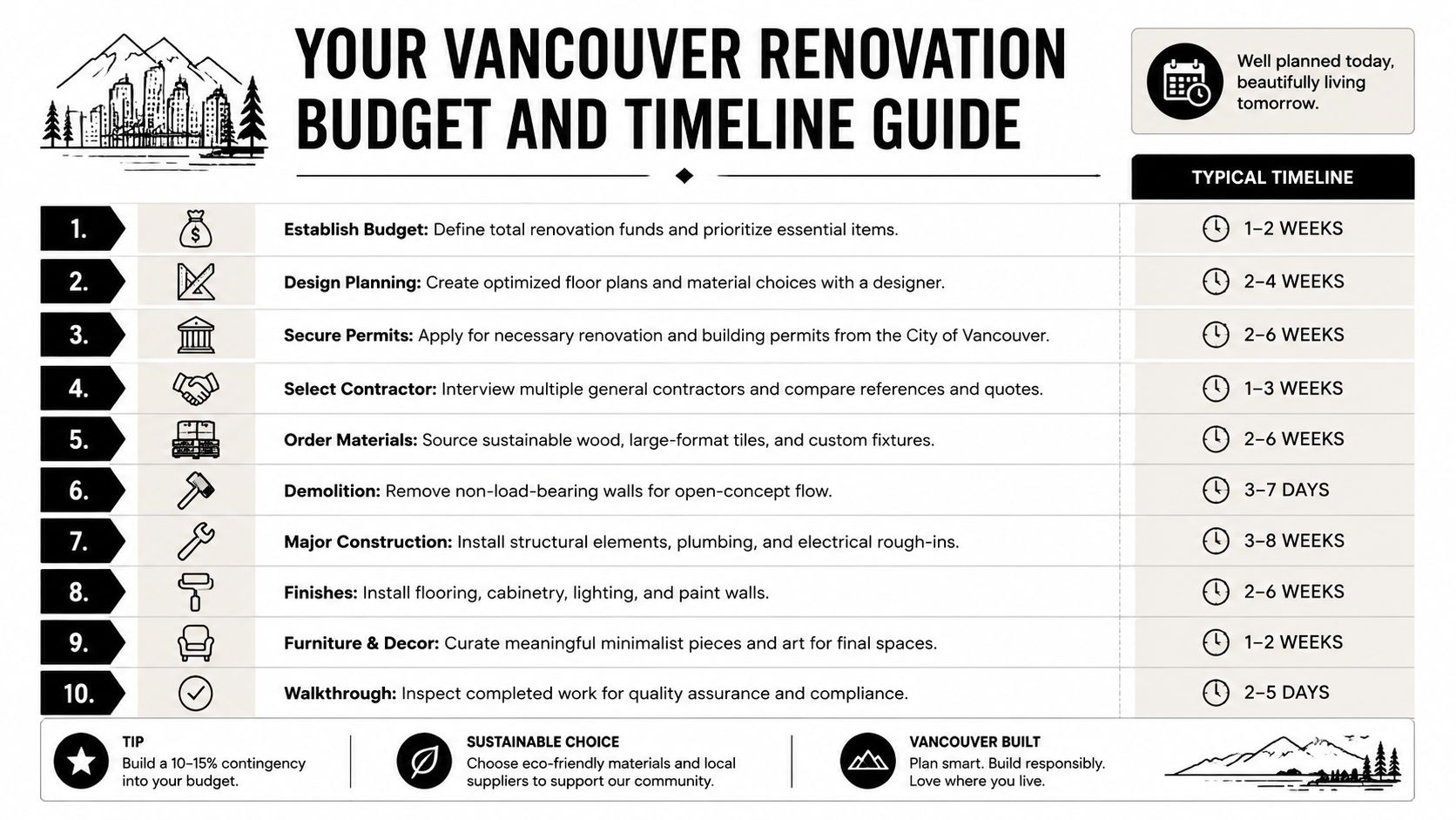 A detailed 10-step Vancouver renovation budget and timeline guide infographic for home improvement planning.