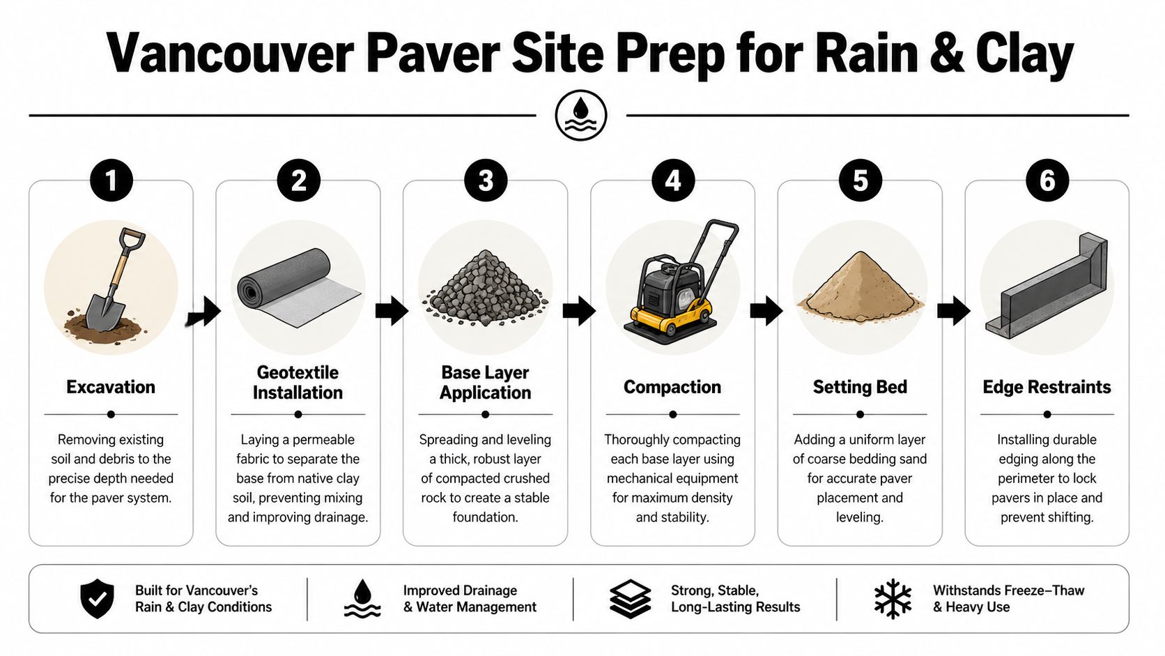 A six-step infographic detailing professional paver site preparation for Vancouver's rainy and clay-rich soil conditions.