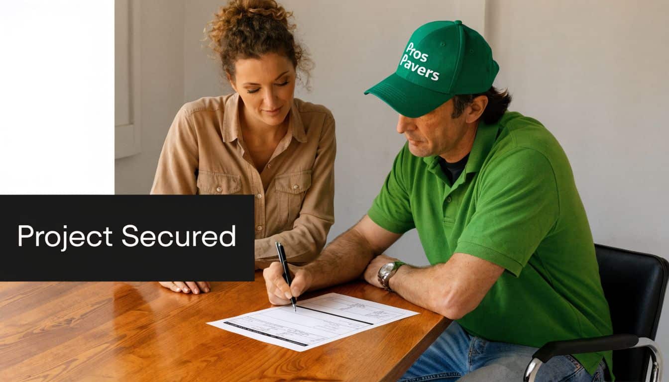 A professional paver contractor sits at a wooden table with a client, securing a project contract.