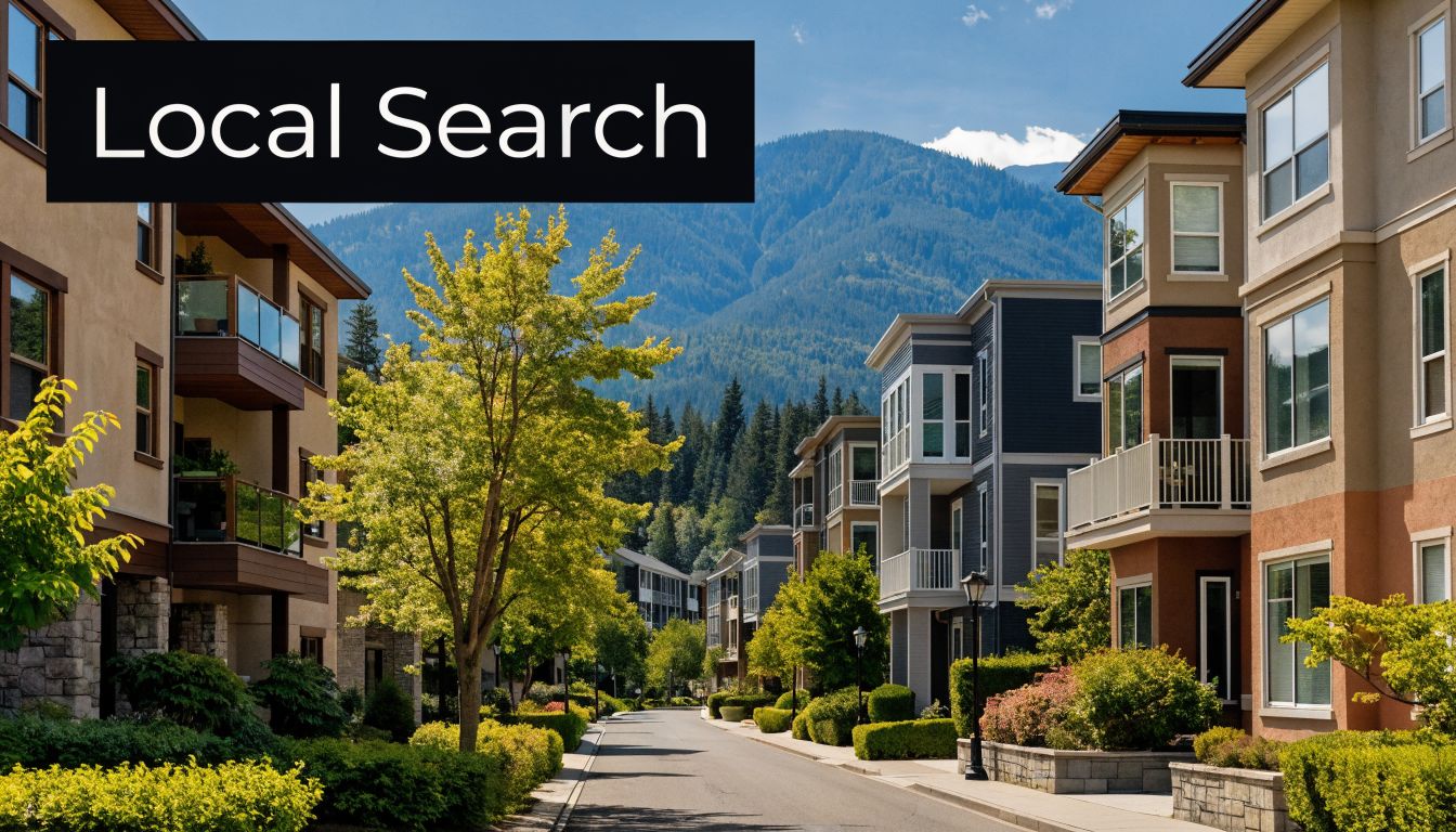 A scenic street lined with modern apartment buildings nestled against a beautiful mountain range under a blue sky.