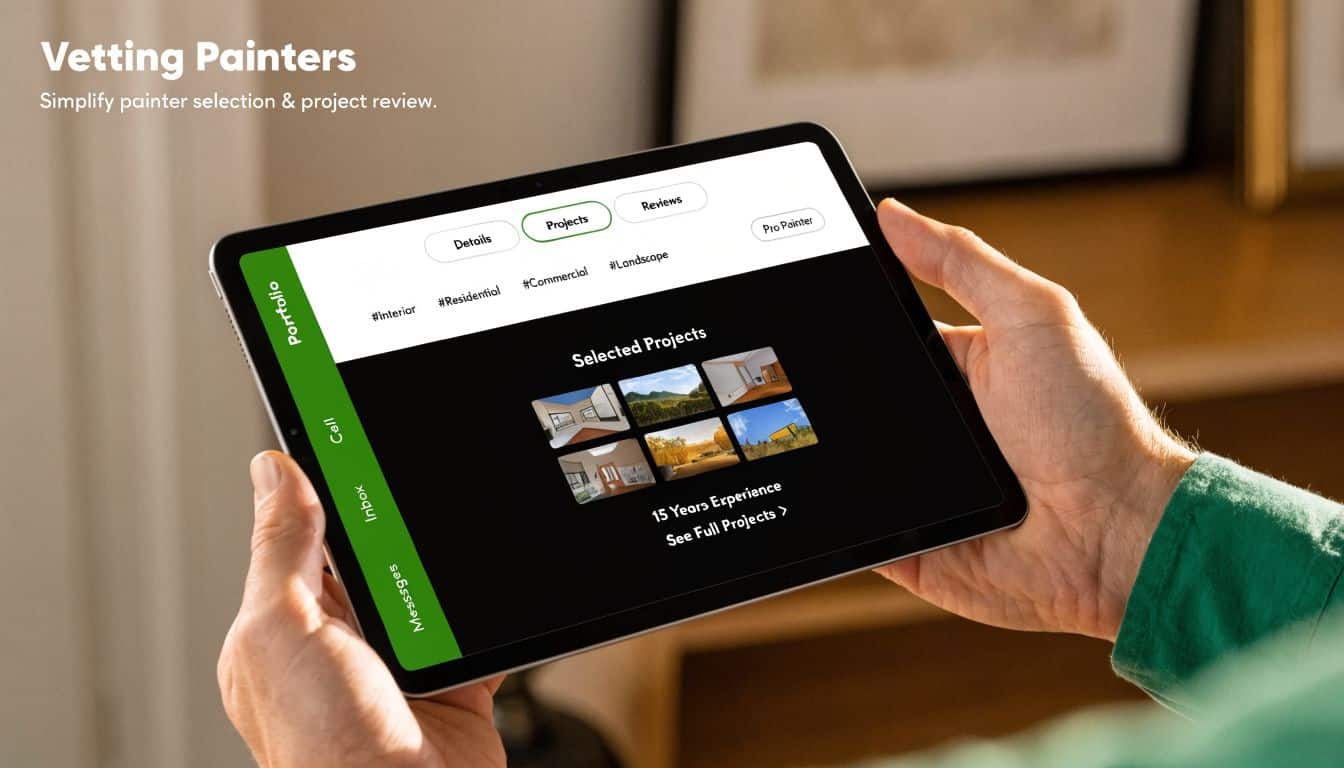 A person holding a tablet showing a professional painter's digital portfolio with various residential and commercial projects.
