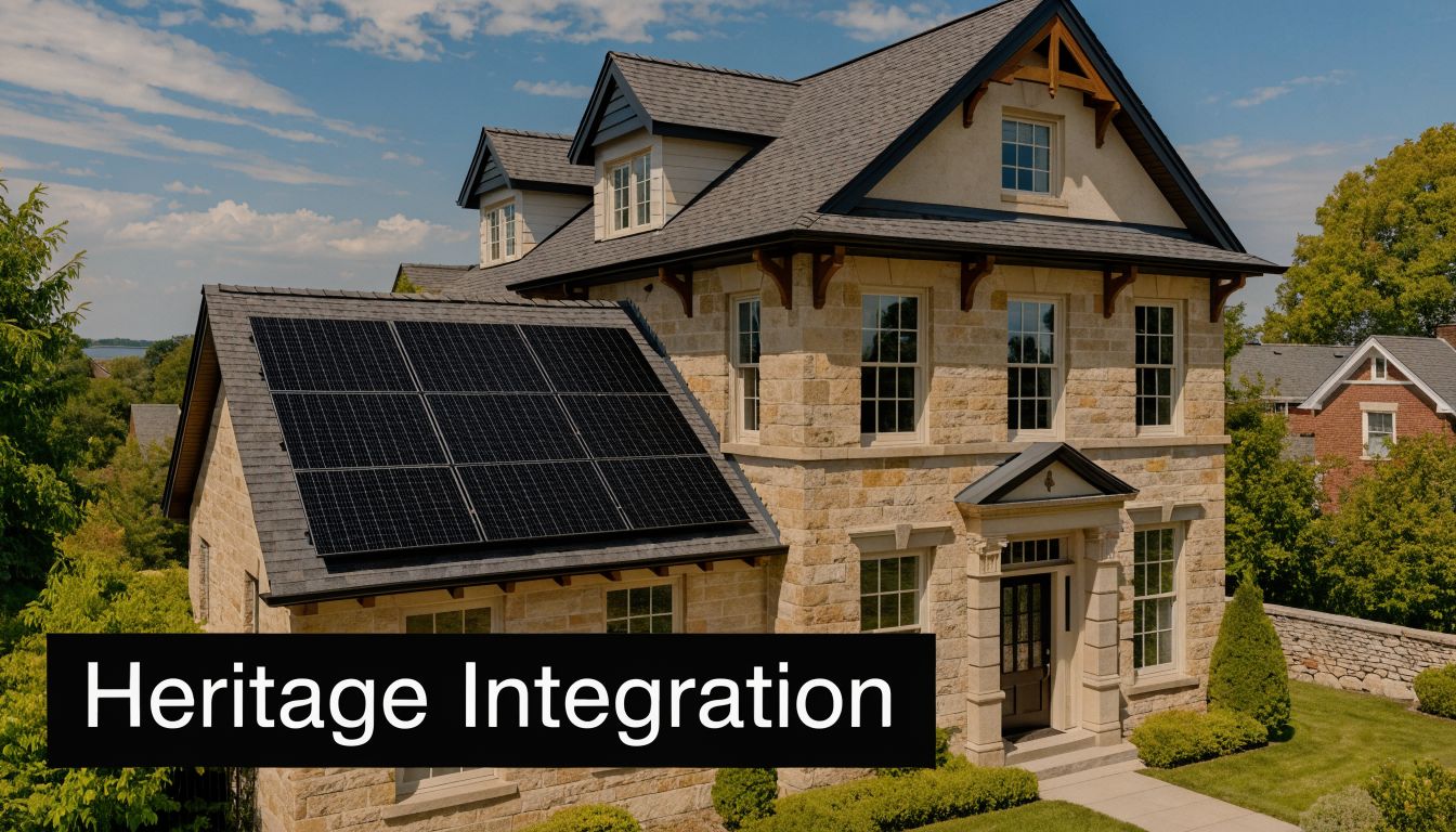 A luxurious stone-faced heritage home in Vancouver featuring a sleek, modern rooftop solar panel installation.