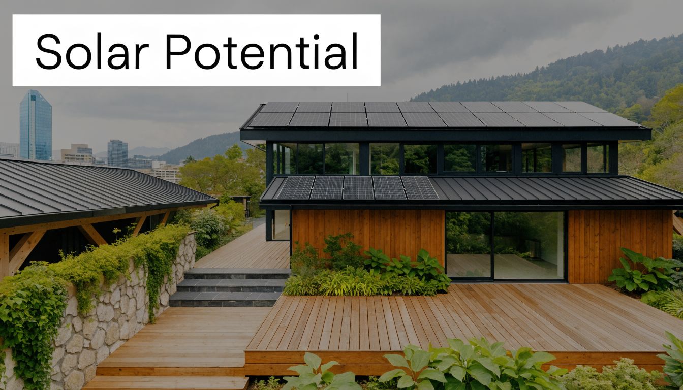 A modern wooden home in Vancouver with solar panel installations on the roof overlooking a city landscape.
