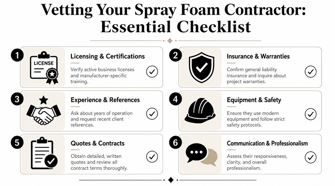 An infographic checklist for vetting spray foam contractors covering licenses, insurance, experience, safety, contracts, and communication.
