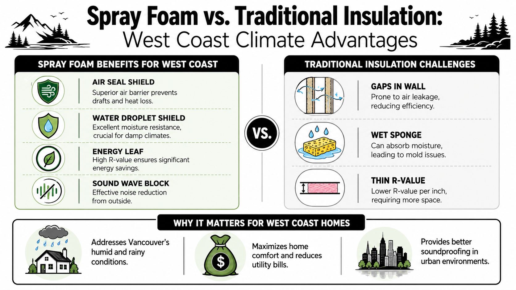 A comparison infographic showing the benefits of spray foam versus the challenges of traditional home insulation.