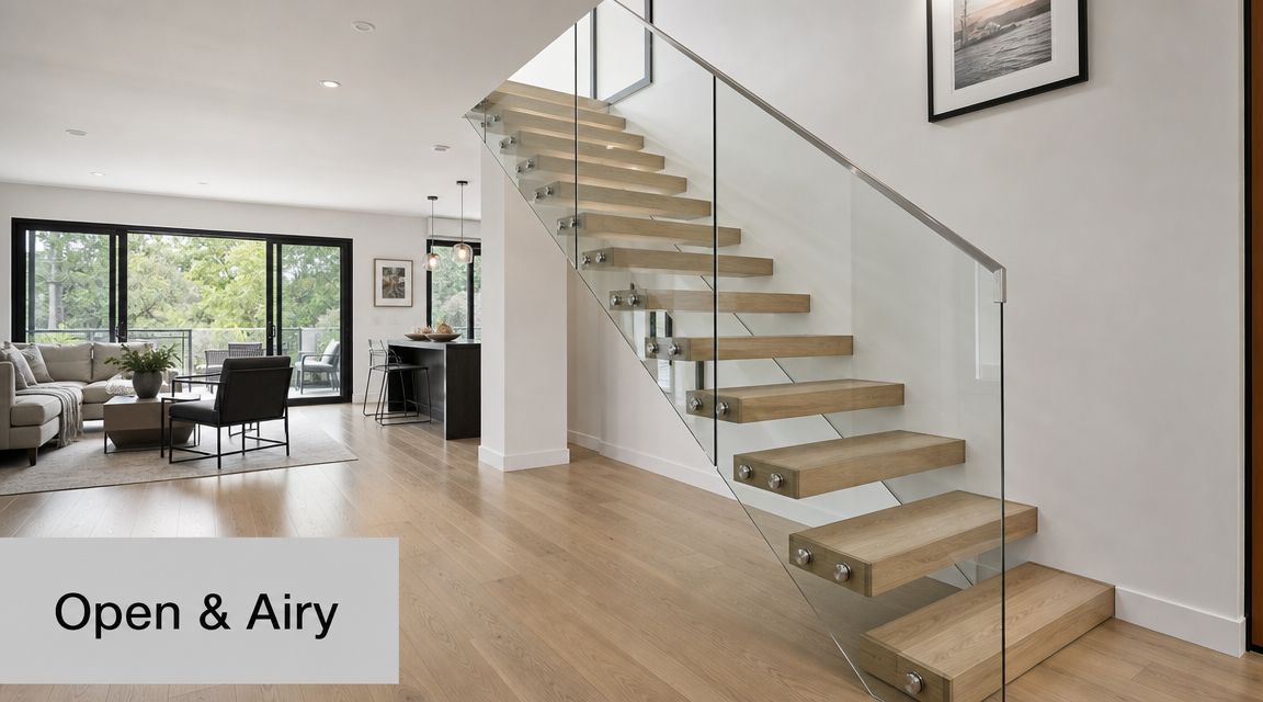 A modern floating wooden staircase with a sleek glass railing in a bright, open concept living area.
