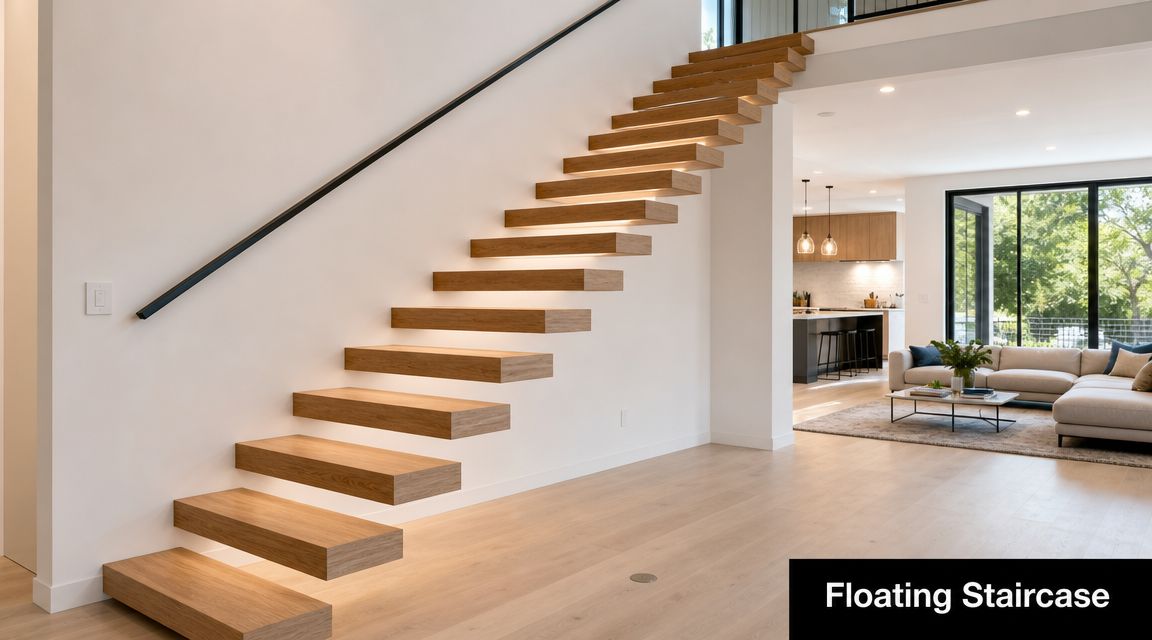A modern interior featuring a minimalist wooden floating staircase with built-in led lighting and a sleek railing.