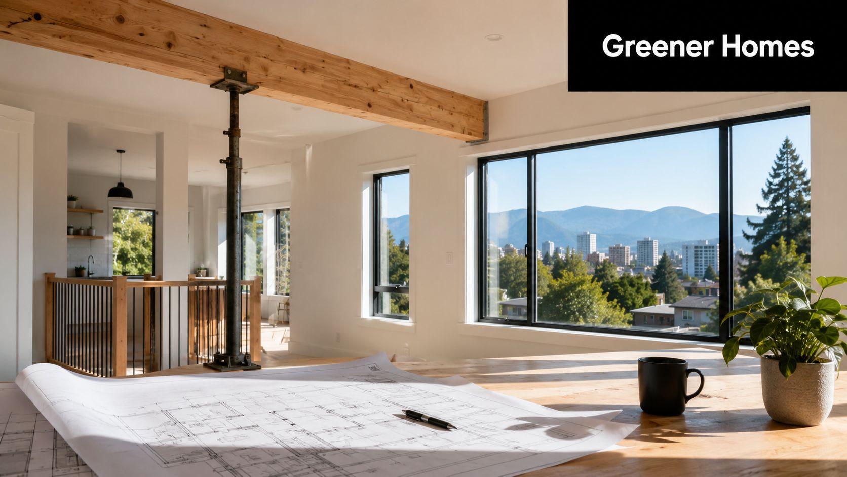 A bright room with architectural blueprints on a wooden desk overlooking a city with mountain views.