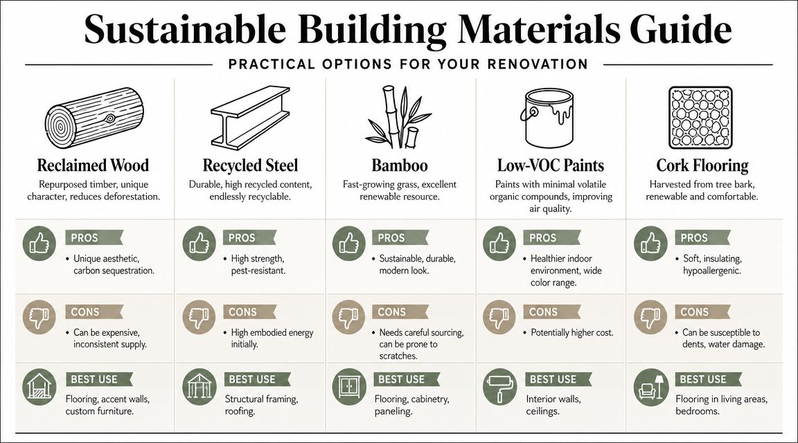A guide displaying pros, cons, and best uses for five sustainable building materials including reclaimed wood and bamboo.