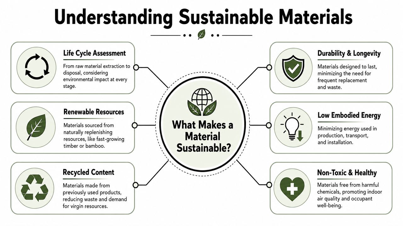 A diagram titled Understanding Sustainable Materials showing six key factors that make materials environmentally sustainable and responsible.