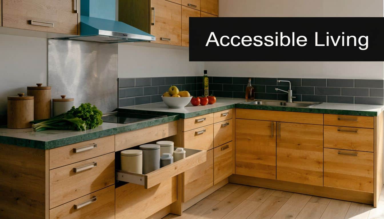 A modern, accessible kitchen featuring light wood cabinets, green countertops, and an open deep drawer for storage.