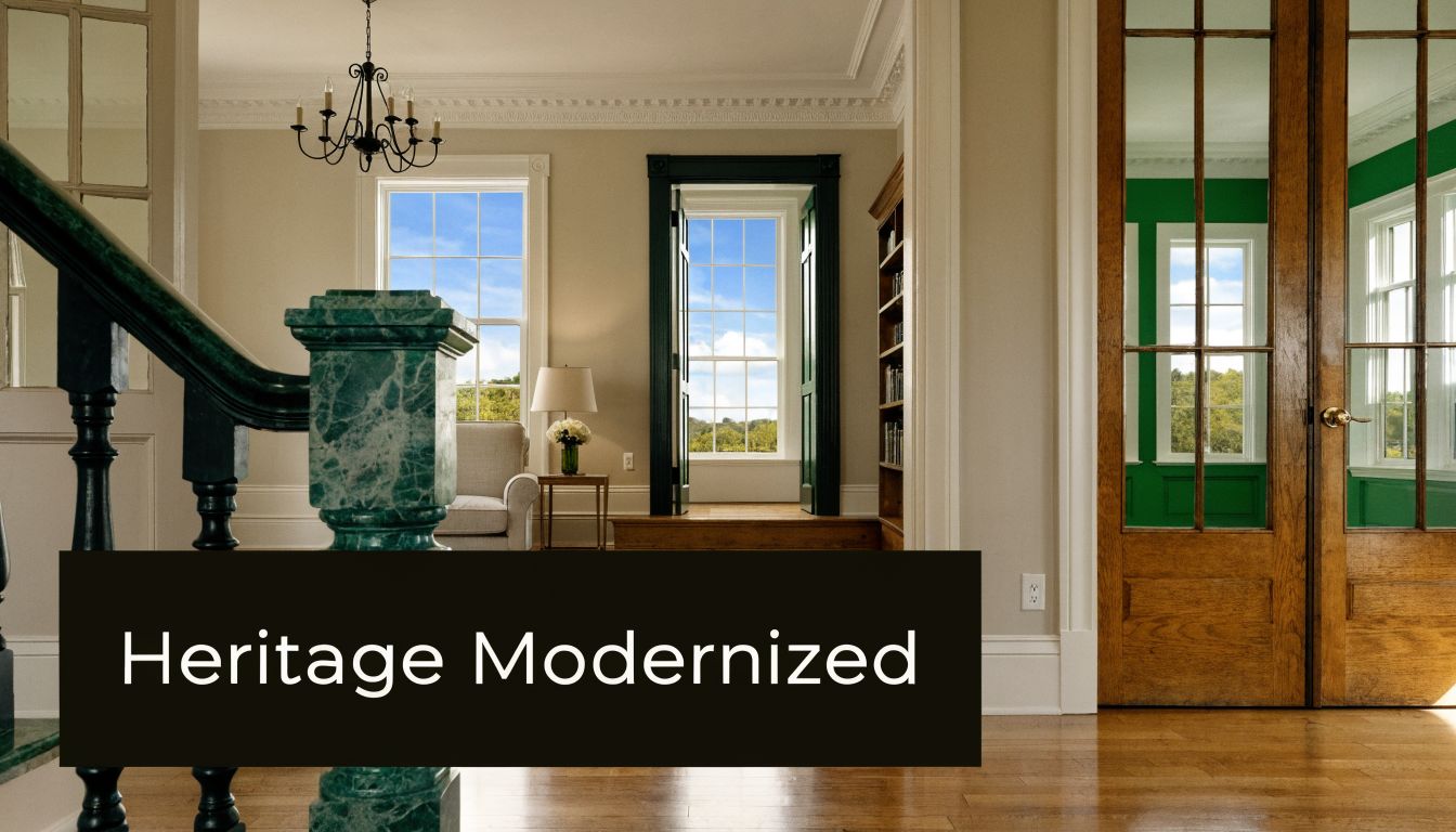 An elegant interior with a marble staircase, wooden doors, and natural light streaming through classical windows.