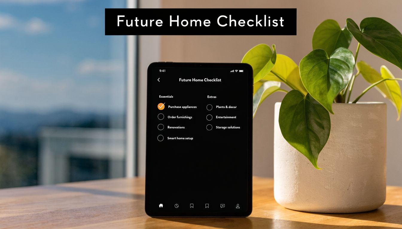 A digital tablet displaying a Future Home Checklist app screen sitting on a wooden table beside a plant.
