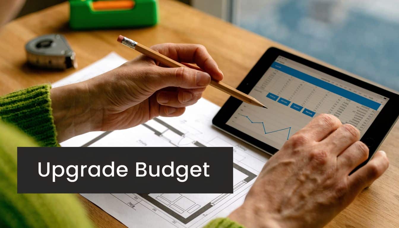 A person reviewing house floor plans and budget data on a tablet for ventilation system upgrades.