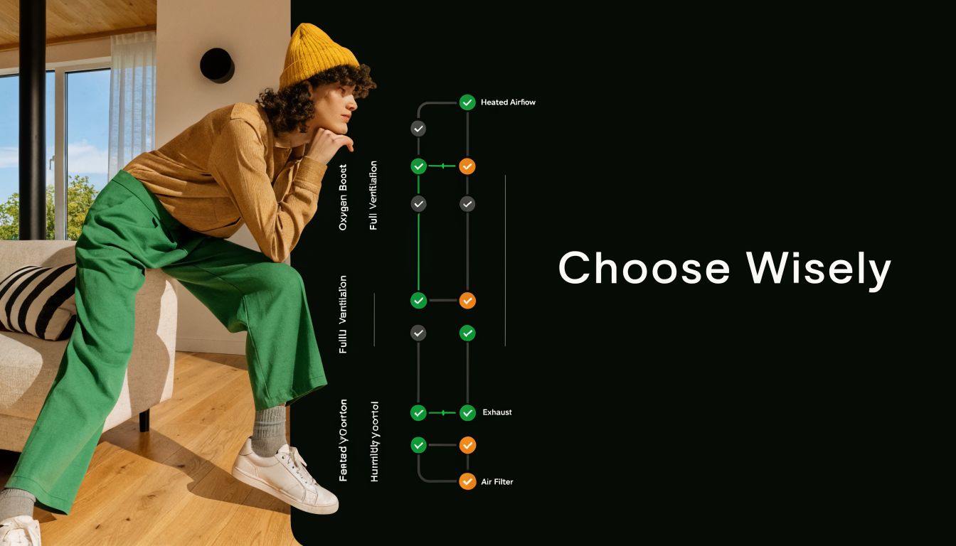 A person in a yellow beanie and green pants standing near a ventilation system comparison chart.