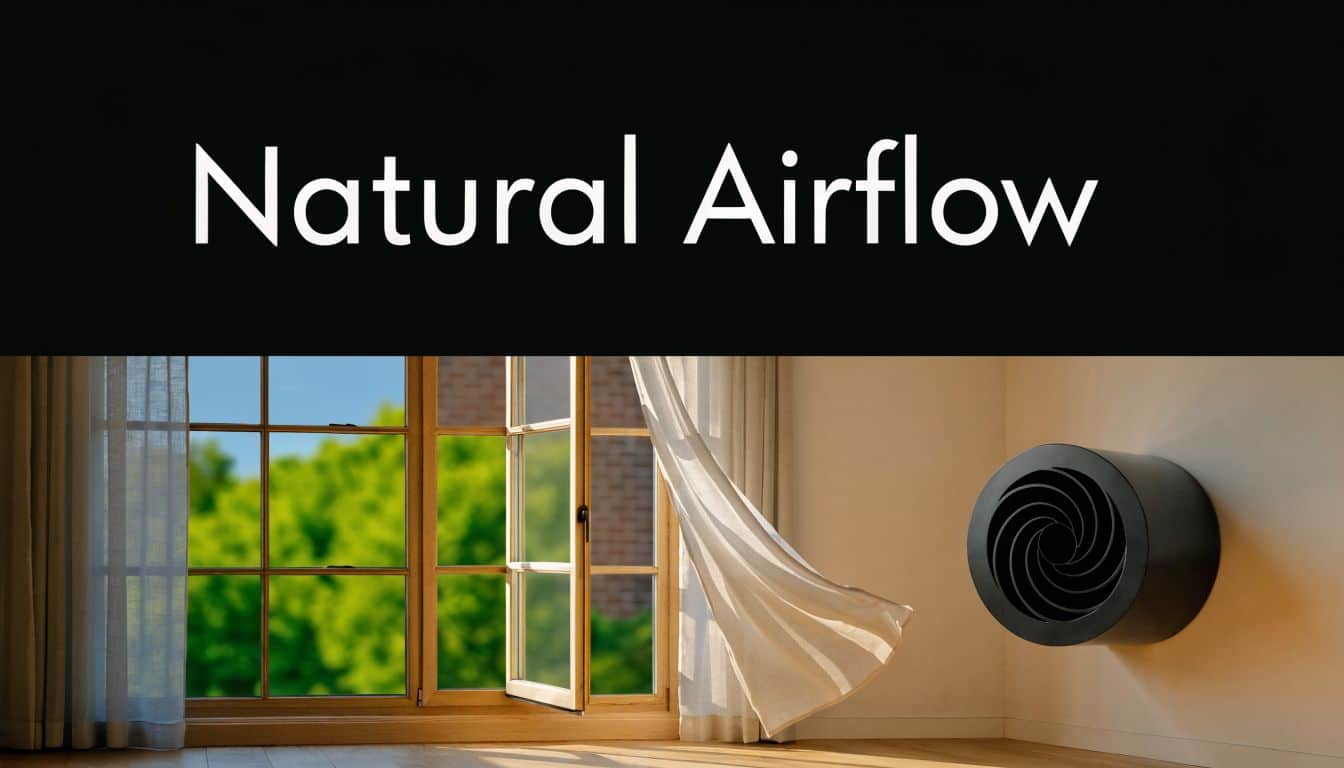 A modern ventilation device mounted on a room wall next to an open window with blowing curtains.