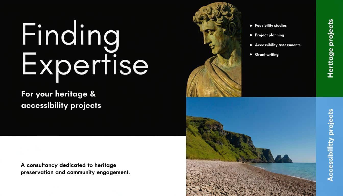 A professional consultancy presentation slide for heritage preservation and accessibility projects with illustrative imagery.