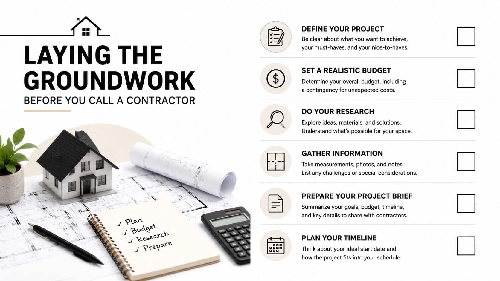 A checklist illustrating steps to take before hiring a home contractor, including planning, budgeting, and research.