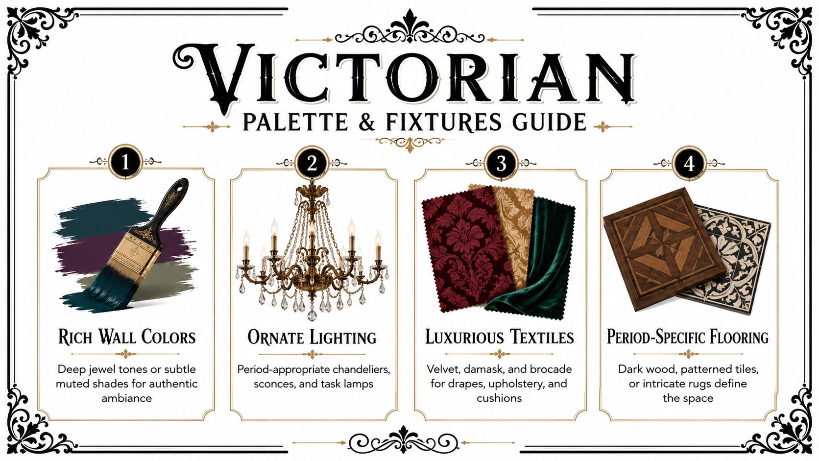 A Victorian style decor guide featuring wall colors, ornate chandeliers, luxurious textiles, and classic period-appropriate flooring options.