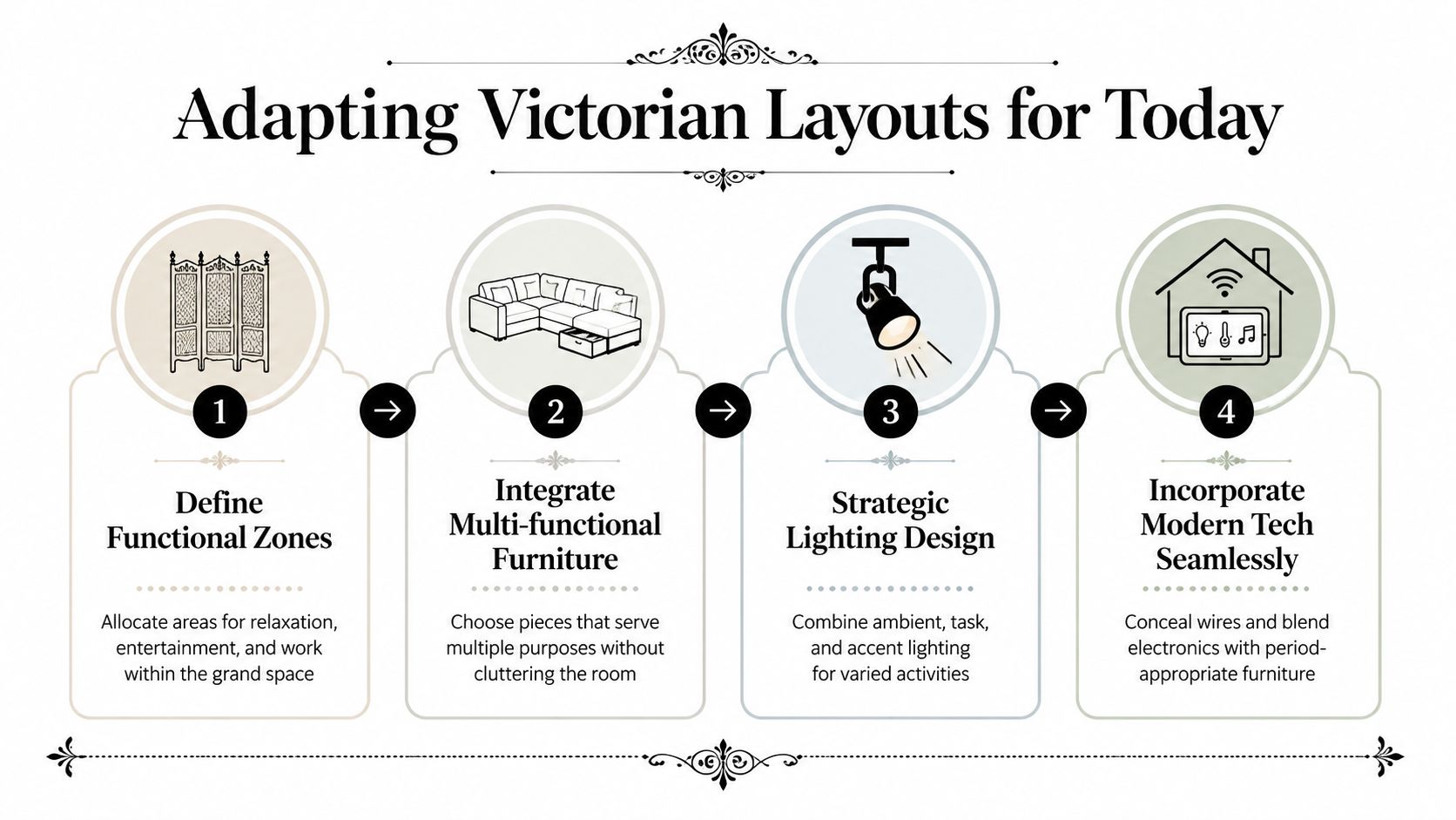 An infographic illustrating four practical design tips for adapting Victorian style living spaces for modern homes.