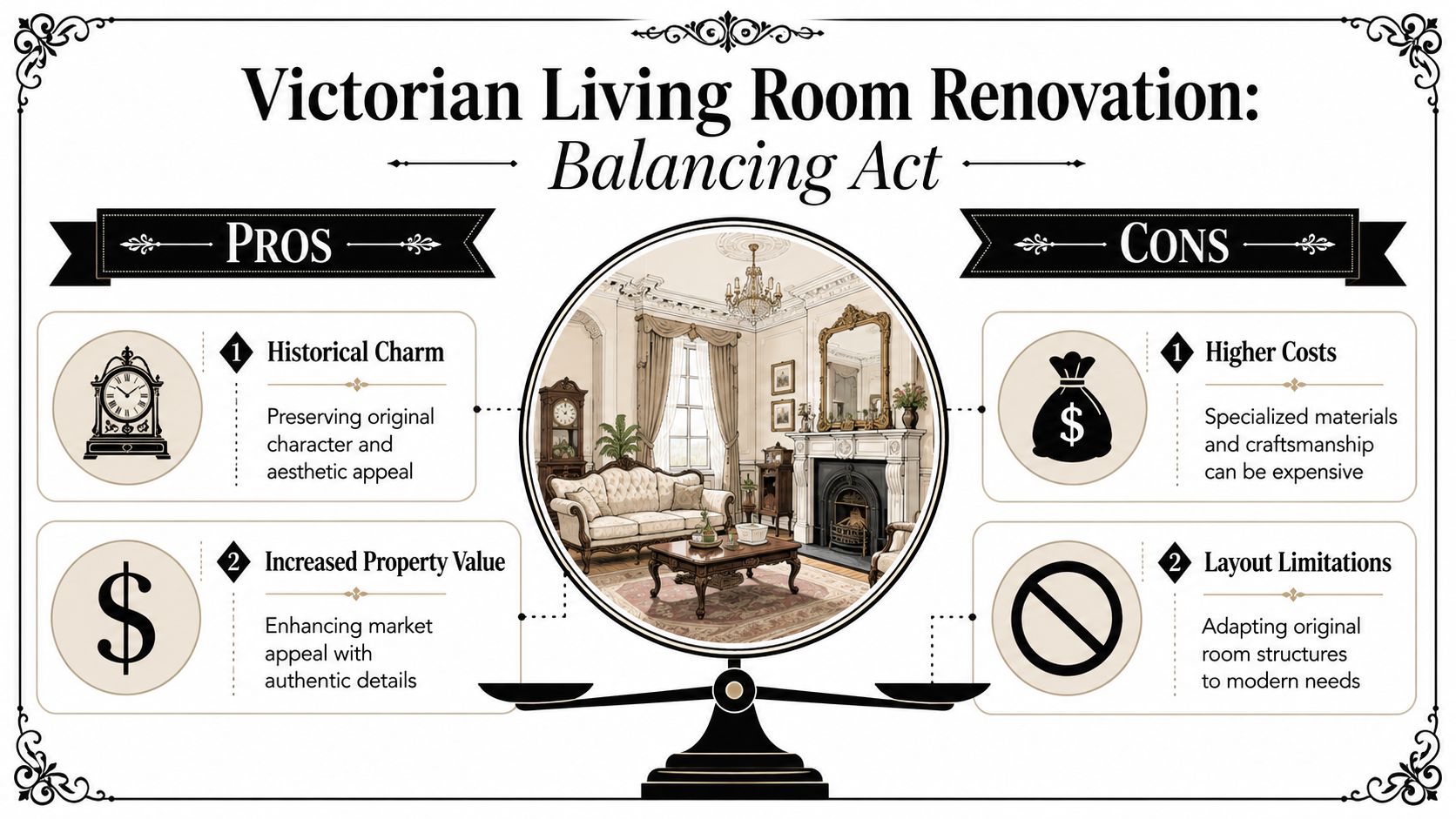 An infographic comparing the pros and cons of renovating a traditional Victorian style living room.