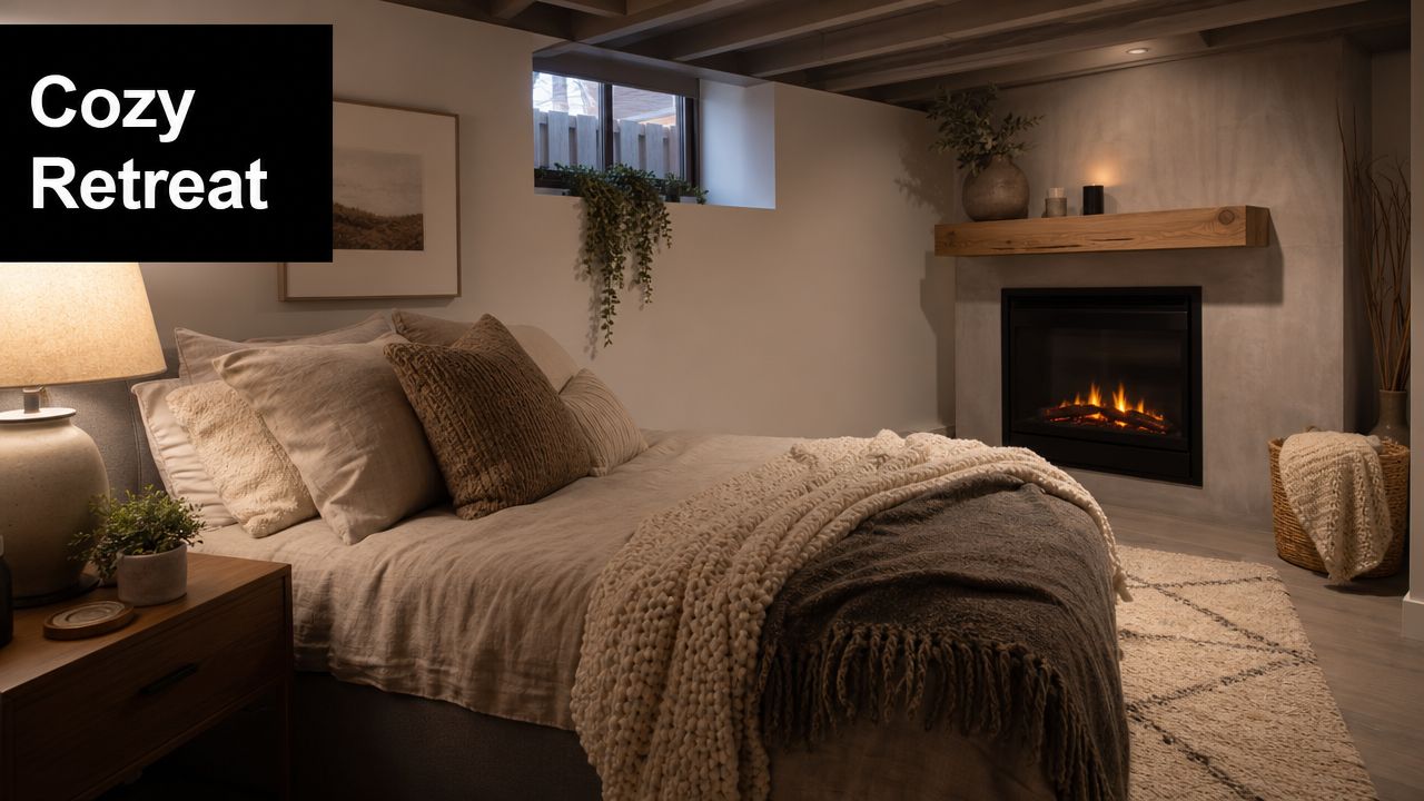 A cozy, warm bedroom in a basement with a fireplace, comfortable bedding, and soft ambient lighting.