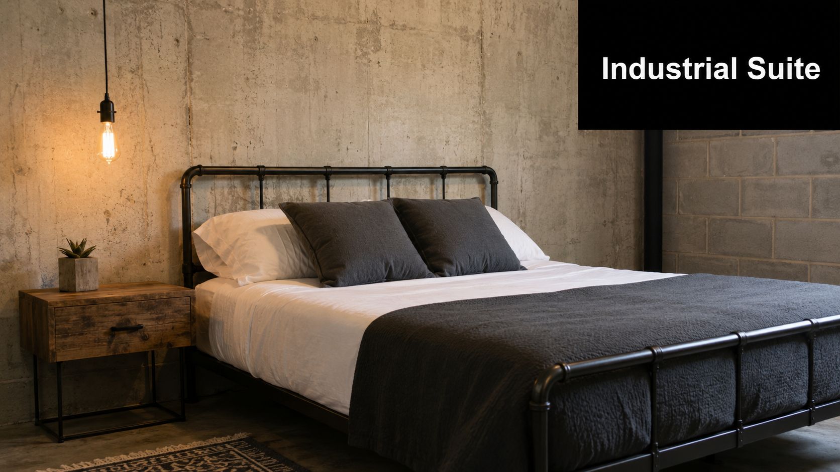 A modern industrial bedroom features a metal pipe bed frame, concrete walls, and warm ambient pendant lighting.