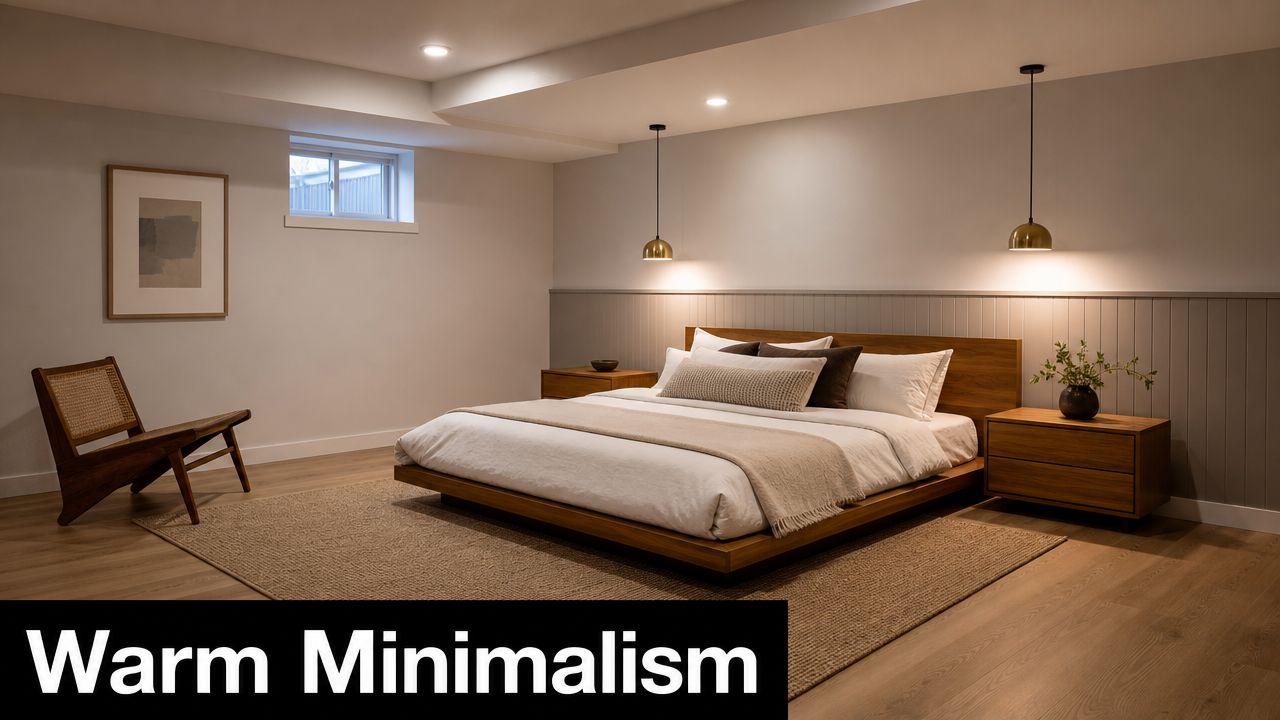 A warm minimalist bedroom in a finished basement featuring a wooden platform bed and modern pendant lights.